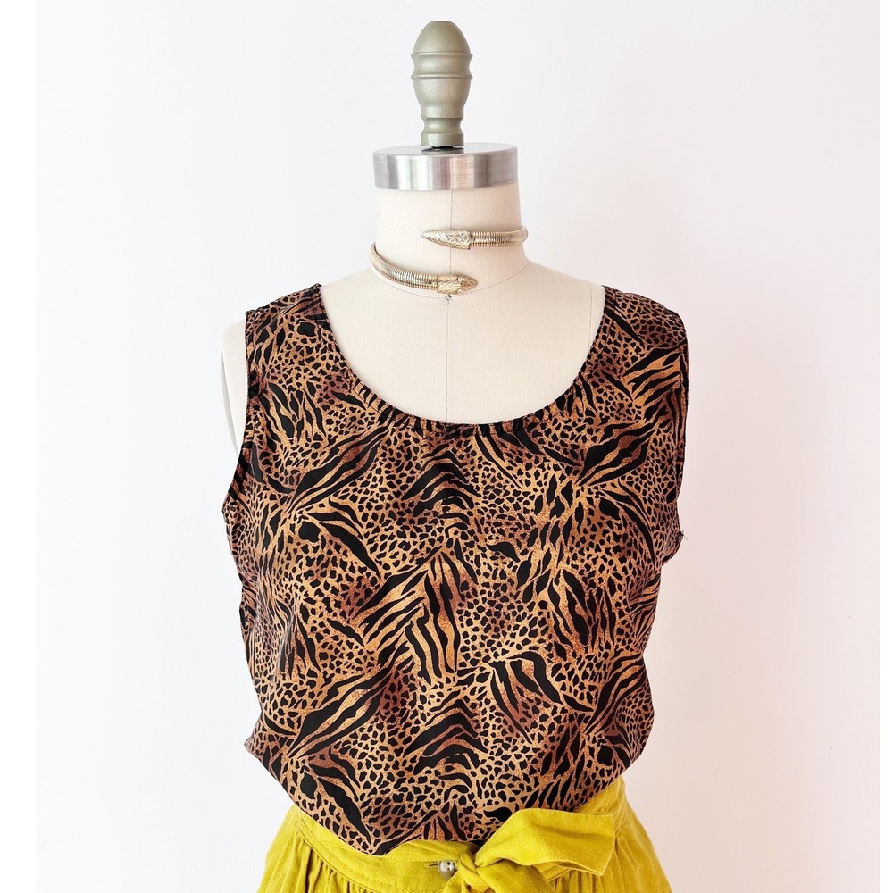 SIZE M Vintage Silk Tank Top Brown Animal Print Sleeveless Safari‎ Blouse